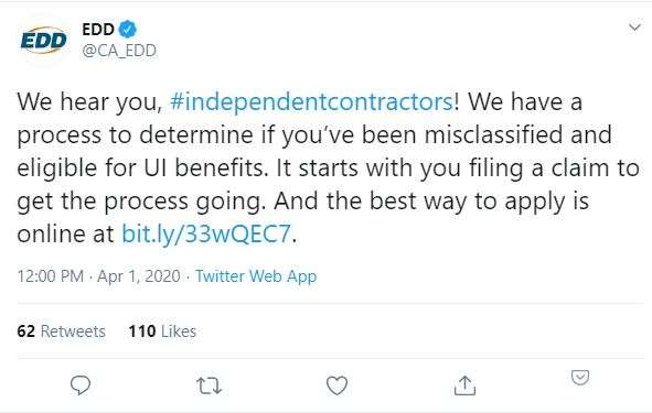 California Urges Independent Contractors to File for Unemployment to Find Out if they are Misclassified