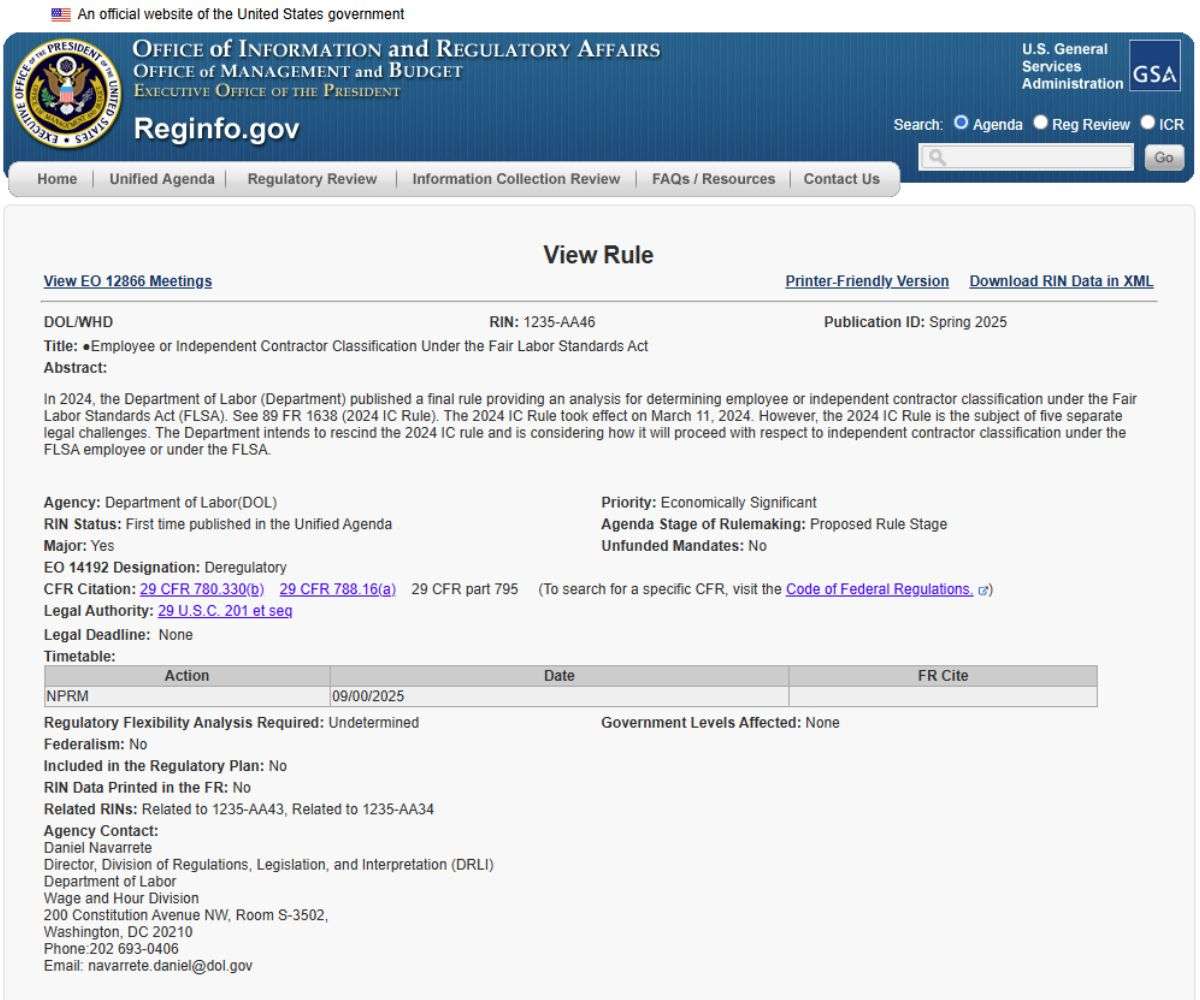 United States Department of Labor (DOL) Submits for White House Review New Rule on Employee or Independent Contractor Classification